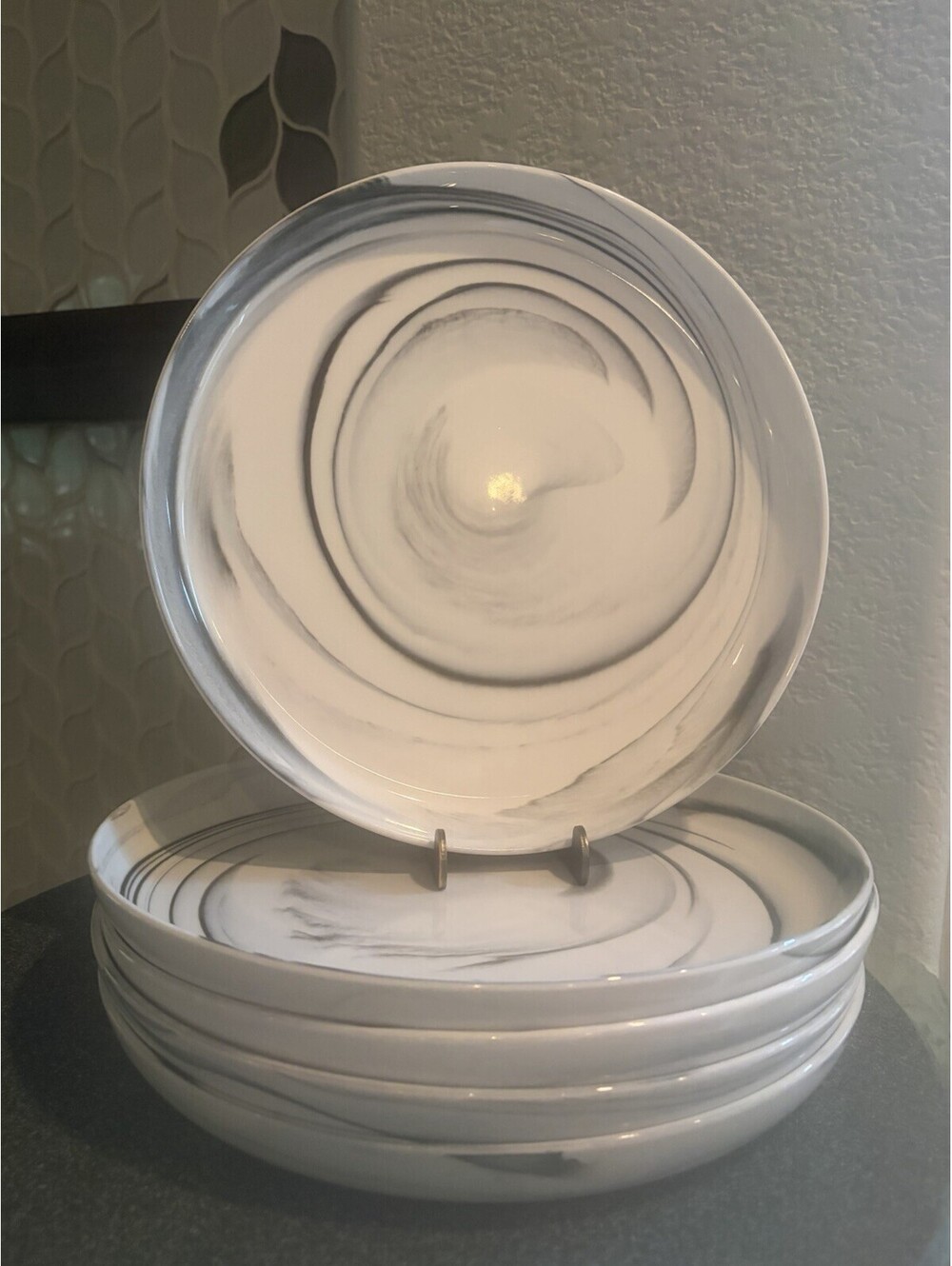 5 Artisanal Kitchen Supply Coup Dark Gray Swirl Plates  10-3/4” Diameter EUC